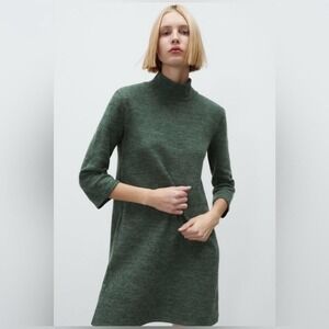 Zara Women's Fleece Sweater Dress Size Small Green 3/4 Sleeve Cozy Casual